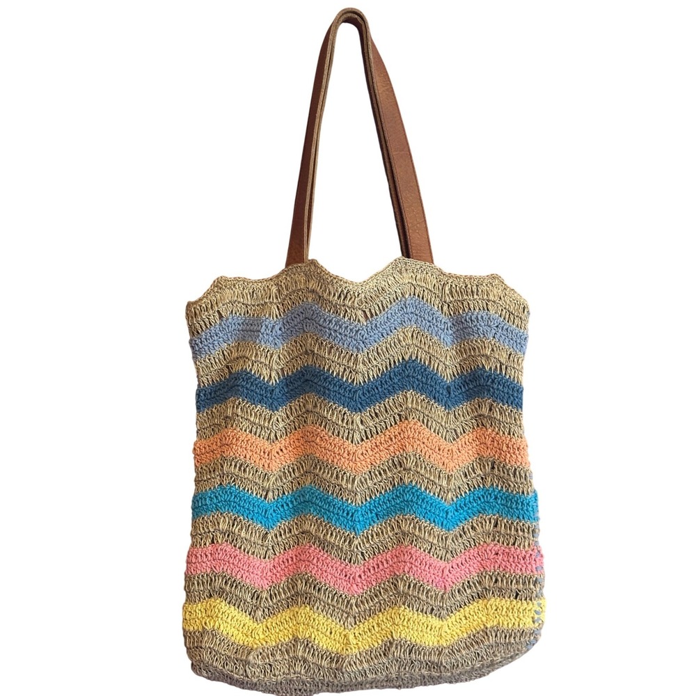 Anabaglish Rainbow Chevron Crochet Jute Cotton Tote Bag Leather Handles Boho